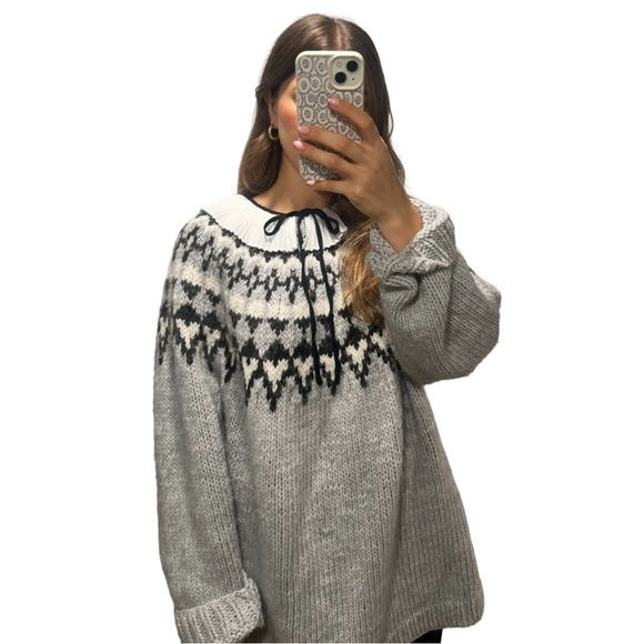 Handmade Sweaters - Hand Made Knit Fair Isle Elegant Gray Patterned Cottage Core Cozy Boho Preppy